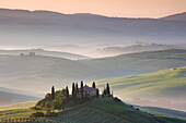 Misty dawn view towards Belvedere, across Val d'Orcia, UNESCO World Heritage Site, San Quirico d'Orcia, near Pienza, Tuscany, Italy, Europe