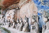 Rock sculpture of the 31m sleeping Buddha statue of Sakyamuni entering Nirvana, Dazu Rock Carvings, UNESCO World Heritage Site, Chongqing Municipality, Fujian Province, China, Asia