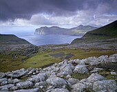 Gjaarbotnur, Vagafjordur fjord and Vagar Island in the distance, from Streymoy, Faroe Islands (Faroes), Denmark, Europe