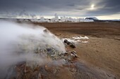 Steam vent at Namaskard geothermal area (Namafjall-Hverarond), Mount Burfell, 935m, behind, near Lake Myvatn and Reykjahlid, North Iceland, Iceland, Polar Regions