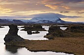Rock formations (lava) at sunset, at Kalfastrond, east shore of Lake Myvatn, Myvatn area, Iceland, Polar Regions