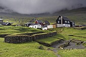 Viking longhouse dating from the 10th century, archaeological site of Toftanes, village of Leirvik, Eysturoy Island, Faroe Islands (Faroes), Denmark, Europe