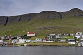 Tvoroyri, main village on Suduroy island, across Trongisvagsfjordur, Suduroy, Faroe Islands (Faroes), Denmark, Europe