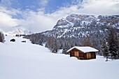 Mountain hut and landscape covered in winter snow,  Val Gardena,  Dolomites,  South Tirol,  Trentino-Alto Adige,  Italy,  Europe