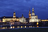 Evening view of city skyline including Hofkirche (St. Trinity Cathedral),  Hausmann Tower,  Royal Palace (Residenz Schloss) and New State House,  Dresden,  Saxony,  Germany,  Europe
