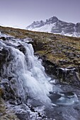Frozen waterfall and stream in the East Fjords, near Neskaupstadur, Nordfjordur-Reydarfjordur, in winter, East Fjords, Iceland, Polar Regions