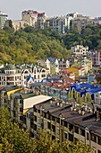 Elevated view over colourful buildings with multicolor roofs in a new residential area of Kiev, Ukraine, Europe