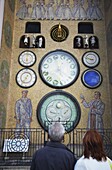 People looking at Astronomical Clock on Town Hall In Upper Square (Horni Namesti), Olomouc, Moravia, Czech Republic, Europe