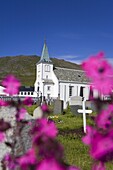 Honningsvag church and graveyard, Honningsvag Port, Mageroya Island, Finnmark Region, Arctic Ocean, Norway, Scandinavia, Europe