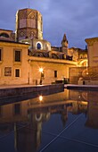 tower, el Miguelet, belfry, cathedral, reflection, evening, Valencia, Mediterranean, Costa del Azahar, Spain, Europe
