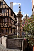 Traditional fountain, Turckheim, Haut-Rhin, Alsace, France, Europe