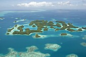 Seventy Islands (Ngerukewid Islands Wildlife Preserve), forest-covered limestone rock, protected as a Nature Reserve, so can only be seen from the air, Palau, Micronesia, Western Pacific Ocean, Pacific