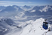 Vallugabahn cable car from summit of Valluga in St. Anton am Arlberg in winter snow, Austrian Alps, Austria, Europe