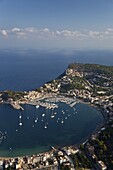 Aerial view of Soller harbour harbour and northern coastline of Majorca in early morning in summer, Majorca, Balearic Islands, Spain, Mediterranean, Europe