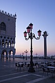 Early morning view of Piazza San Marco (St. Mark's Square), Column of St. Mark and the Doges Palace, Venice, UNESCO World Heritage Site, Veneto, Italy, Europe