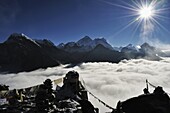 Everest, Lhotse and Makalu, view from Gokyo Ri, 5357m, Gokyo, Sagarmatha National Park, UNESCO World Heritage Site, Solukhumbu District, Sagarmatha, Eastern Region (Purwanchal), Nepal, Asia