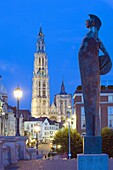 Night illumination, tower of Onze Lieve Vrouwekathedraal, Antwerp, Flanders, Belgium, Europe