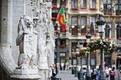 Lion statue on the Hotel de Ville (Town Hall) in the Grand Place, UNESCO World Heritage Site, Brussels, Belgium, Europe