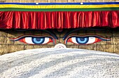 Close-up of Bodhnath Stupa (Boudhanth) (Boudha), one of the holiest Buddhist sites in Kathmandu, UNESCO World Heritage Site, showing the gold plating and piercing eyes, Kathmandu, Nepal, Asia