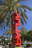 Giant red Palma sign on Avinguda Gabriel Roca, Palma de Mallorca, Mallorca, Balearic Islands, Spain, Europe