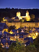 Castle and old town at night, Fougeres, Brittany, France, Europe