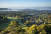 View south from Colley Hill on a misty autumn morning, Reigate, Surrey Hills, Surrey, England, United Kingdom, Europe