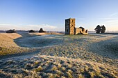 The ruins of Knowlton Church on a frosty winter morning, Dorset, England, United Kingdom, Europe