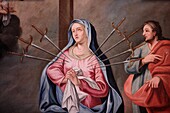 Detail of Mary's seven sorrows, Our Lady of Assumption church, Cordon, Haute-Savoie, France, Europe