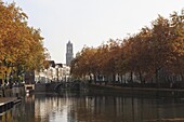 The Dom Tower and canal waterway on a sunny autumn day, Utrecht, Utrecht Province, Netherlands, Europe