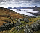 Mist over Llyn Gwynant and Snowdonia Mountains, Snowdonia National Park, Conwy, Wales, United Kingdom, Europe
