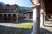 Bulgaria, Rila Monastery nestled in the Rila Mountains, Courtyard, Church of the Nativity.