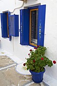 Blue fenestra, Plaka, old village, Milos Island, Cyclades Islands, Greek Islands, Aegean Sea, Greece, Europe