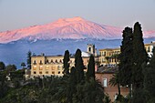 Sunrise over Taormina and Mount Etna with Hotel San Domenico Palace, Taormina, Sicily, Italy, Europe