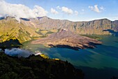 Mount Rinjani caldera, Segara Anak lake and the active volcano, Gunung Baru, Lombok, Indonesia, Southeast Asia, Asia