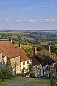 Gold Hill, and view over Blackmore Vale, Shaftesbury, Dorset, England, United Kingdom, Europe