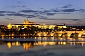 St. Vitus Cathedral, Charles Bridge and the Castle District illuminated at night, UNESCO World Heritage Site, Prague, Czech Republic, Europe