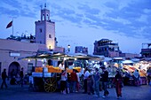Market stalls at dusk, Place Jemaa El Fna, Marrakesh, Morocco, North Africa, Africa