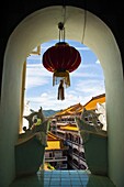 Chinese lantern hanging in an arch window at Kek Lok Si Temple, Penang, Malaysia, Southeast Asia, Asia