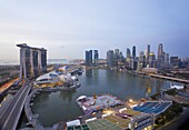 The Helix Bridge and Marina Bay Sands, elevated view over  Singapore, Marina Bay, Singapore, Southeast Asia, Asia