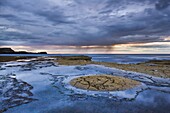 Ancient rock formations on the shale sea bed at Saltwick Bay, North Yorkshire, Yorkshire, England, United Kingdom, Europe