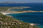 An elevated view of the southwest coast of Corsica near Bonifacio called Reserve Naturelle des Bouches de Bonifacio, Corsica, France, Mediterranean, Europe