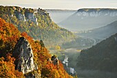 View from Eichfelsen near Irndorf of Donautal (Danube valley), Schaufelsen and Werenwag Castle, Swabian Alb, Baden-Wurttemberg, Germany, Europe