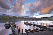 Boats on Derwent Water at sunrise, Keswick, Lake District National Park, Cumbria, England, United Kingdom, Europe