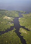 Aerial view of Amazon rainforest and the Rio Negro, Manaus, Amazonas, Brazil, South America