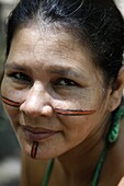 Potrait of a Pataxo Indian woman at the Reserva Indigena da Jaqueira near Porto Seguro, Bahia, Brazil, South America
