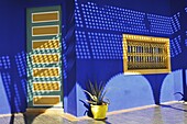 Blue paintwork in the Majorelle Gardens, Marrakesh, Morocco, North Africa, Africa