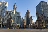 DuSable Bridge looking up North Michigan Avenue, the Wrigley Building left centre and Tribune Tower right centre, Chicago, Illinois, United States of America, North America