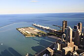 High angle view of Lake Michigan from the Hancock Center, Navy Pier and Milton Lee Olive Park in the centre, Chicago, Illinois, United States of America, North America