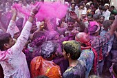 Dancers celebrating Holi festival in Barsana temple, Barsana, Uttar Pradesh, India, Asia