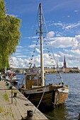 City skyline and sailing ship from Norr Malarstrand, Kungsholmen, Stockholm, Sweden, Scandinavia, Europe